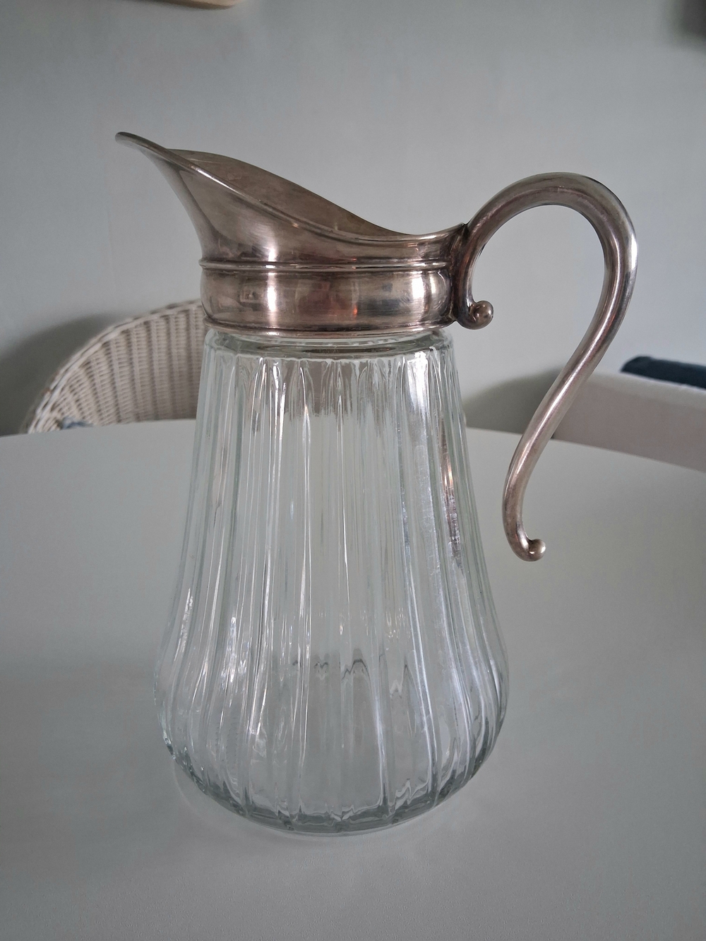 Vintage Italian Ribbed Glass Pitcher with Sterling Silver Plares Spout
